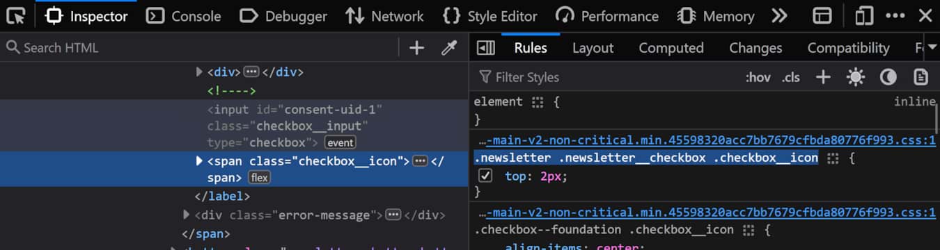 Screenshot of Firefox developer tools inspecting the styles of a <span> element. The rules panel is showing that the selector '.newsletter .newsletter__checkbox .checkbox__icon' is applying a top position of 2px to the element.