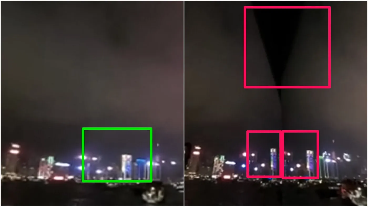 Side-by-side comparison of stitched and unstitched pictures of the Hong Kong skyline at night. In the stitched one everything looks normal. In the unstitched one, there is a wedge-shaped void in the top middle of the image. Also, some of the buildings towards the centre of the image appear twice.