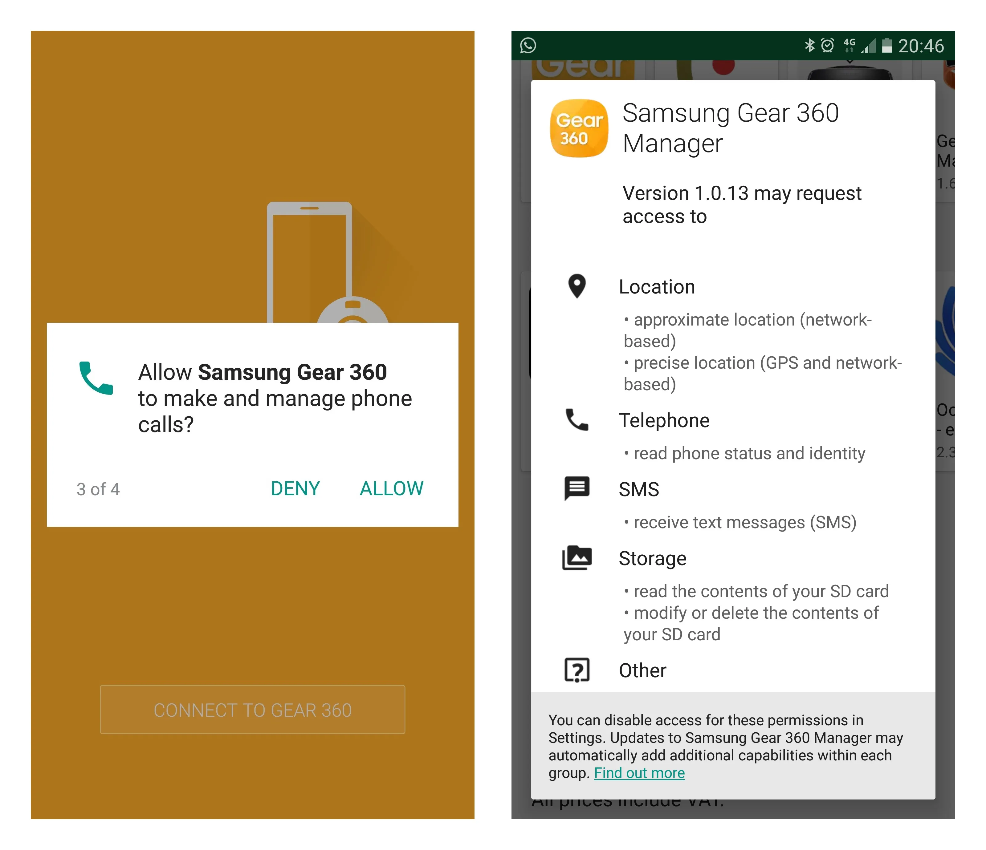 Two screenshots side by side. One of the Gear 360 app prompting for permission to "make and manage phone calls". The other showing a list of all the permssions the app requires, which also include the ability to "receive text messages (SMS)".