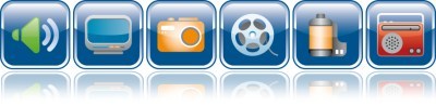 Six colourful icon designs used in the demo's UI: A speaker, a screen, a camera, a film reel, a camera film roll and a radio