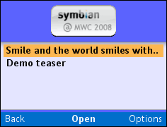 Screenshot of the Symbian @ MWC 2008 widget, listing posts from the blog